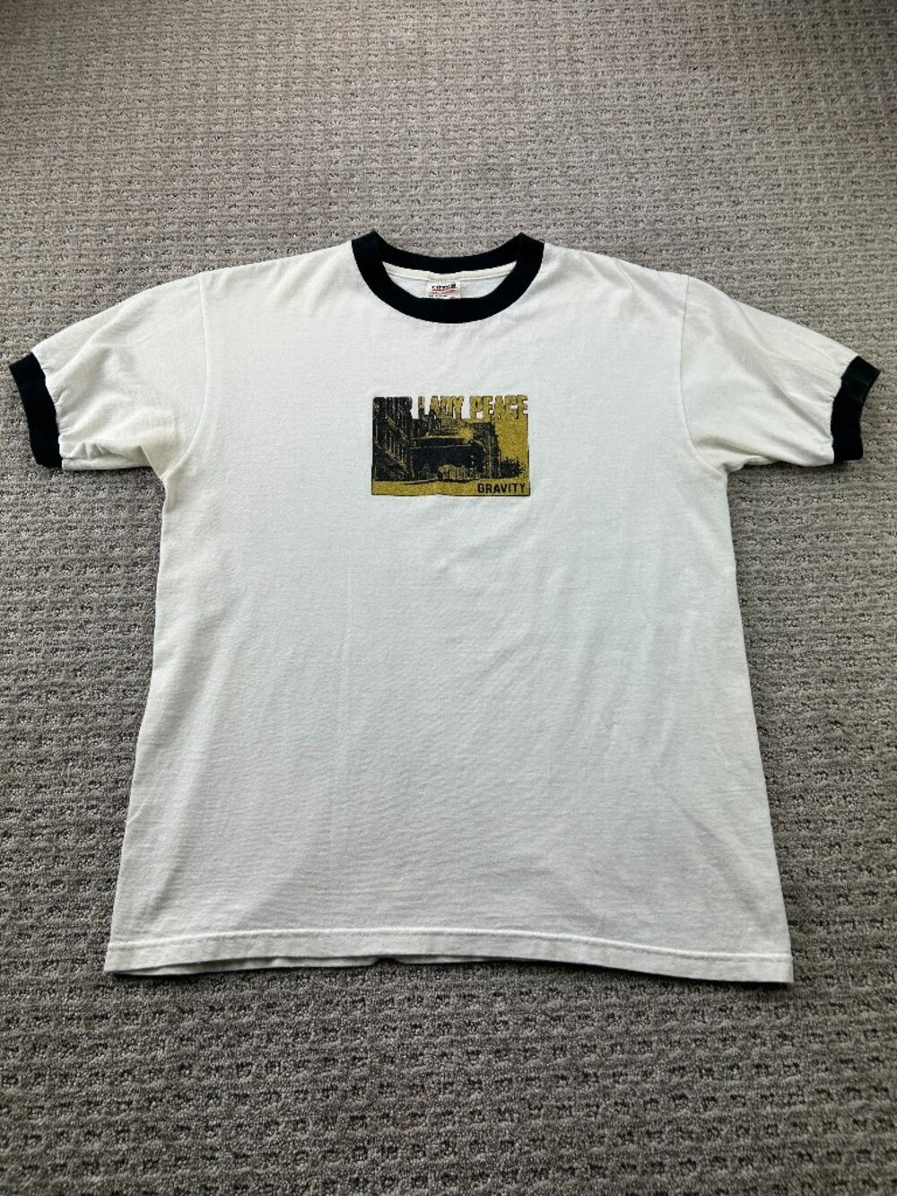 Vintage Our Lady of Peace Gravity T-Shirt Ringer Tee Men M Beige Made in USA
